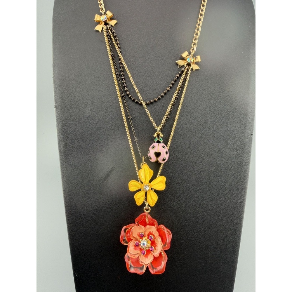 Vintage Betsey Johnson Flower Necklace Ladybug Enamel Rhinestone 22"